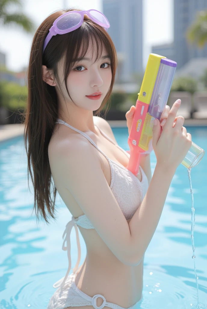 a white bikini、a beauty girl、A big smile、sexypose、Beautiful girl is playing the flute、Live playing flute in a sheer bikini in water、Bright spotlight、Live Studio、