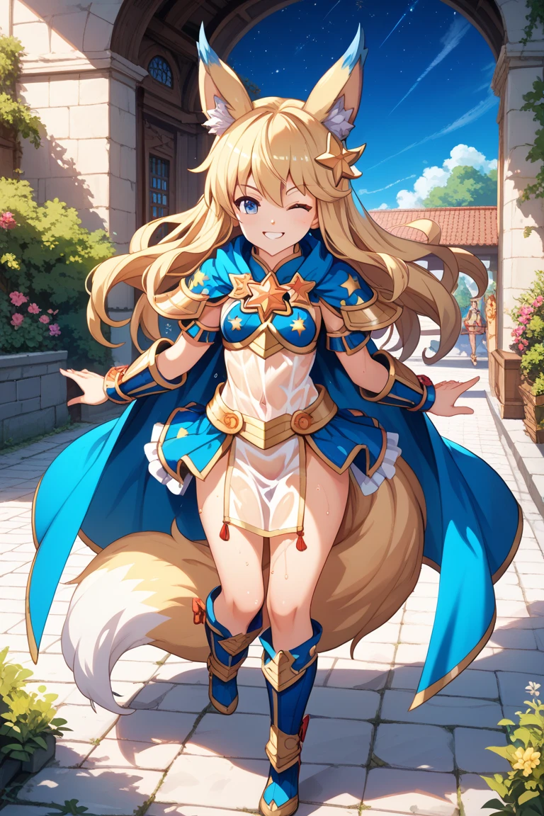 ((Masterpiece, 8k, High quality)), (adult female), (orange eyes), (((long brown hair))), ((Squirrel ears)), ((???????????, ???? wide open)), ((wearing white stockings)), (((Wearing silver armor))), ((blue skirt)), ((eyes wide open, smile a little)), ((single woman)), body lines are very เพศy, ?????? wide open, The pointed shape is clearly visible., Can see ??????, The pubic area is clearly visible., ?????? wide open, Wet and stuck ?????????