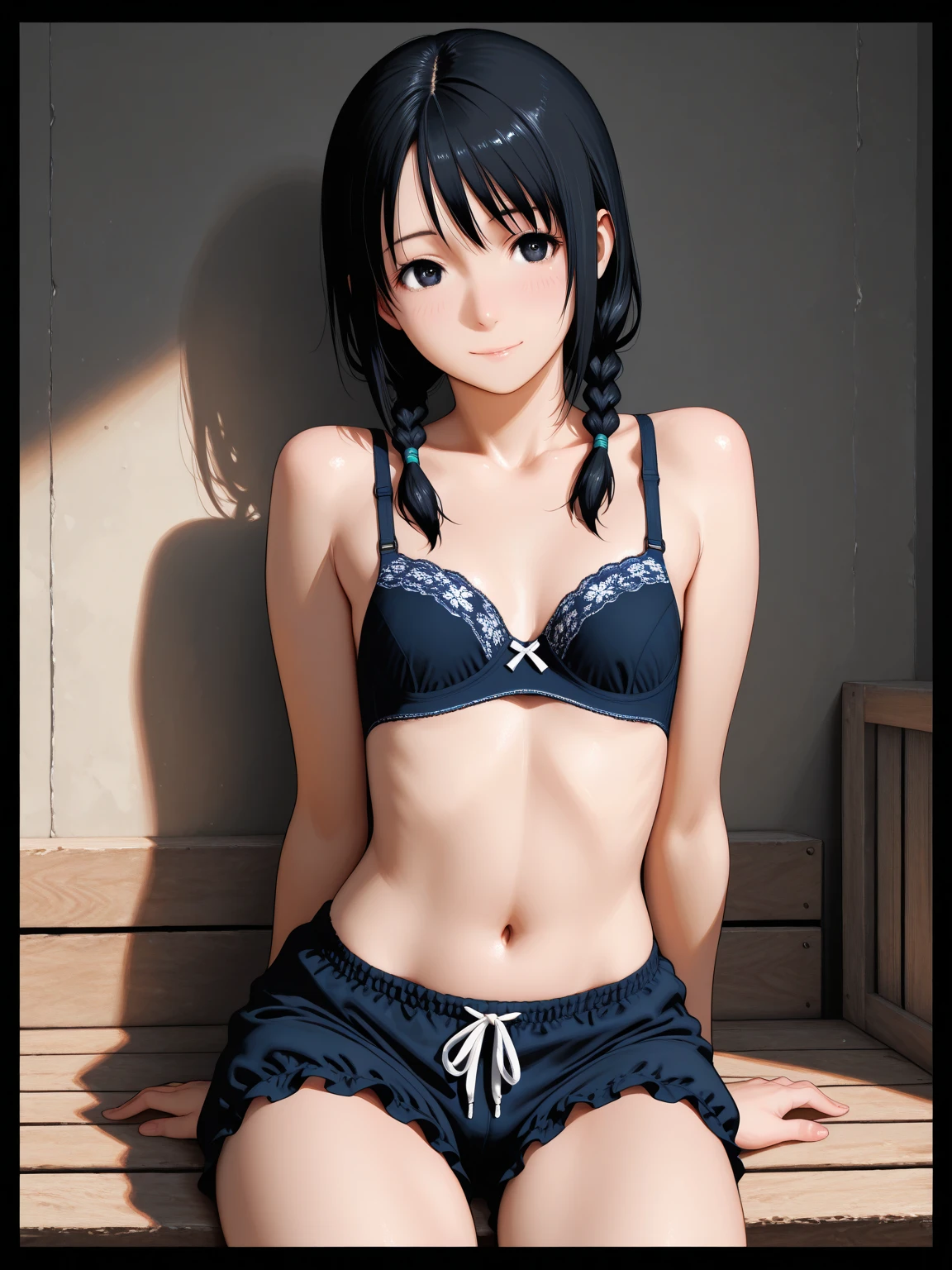  (masterpiece:1.3), (Best Quality:1.3), (Ultra-detailed:1.2), ((kawaii)), Cute, (lovely), ((sexy)), ((Extremely detailed)), 4K, (8K), Best Quality, (Beautiful), Illustration, anime style, (bold line:1.2), Gradation, looking at viewer, //, (bent down:1.1), (arms behind back), //, a cute girl, 1girl, (solo:1.2), gleaming skin, //, (flat chested), (Perfect eyes:1.2), (Perfect iris:1.2), //, (beautiful eyes) //, (half closed eyes:1.3), (sexual expression:1.2), Fascinated expression, dark blue hair, smile, (blush:1.2), //, Emphasizing cleavage, sexy lingerie //, modern pink restroom, on bed, xposed abs, hard abs, twin tails