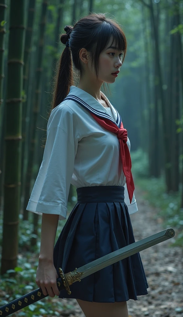  woman has her hands tied、Hands behind back、(((Hands crossed behind back)))、(((Her wrists are wrapped with rope)))、Beauty、２０talent、university student、Standing on a hill at night、There are a lot of trees、Beautiful night sky、There are many stars、A strong wind is blowing、Wearing a short-sleeved blouse、Wearing a long skirt、Uniform eyes、Well-proportioned、Medium build、Small Bust、Small face、(I can see from head to heel), black hair, bangs, swept bangs, straight hair, nervous, messy hair, floating hair, cinematic lighting, tachi-e, first-person view, pov, from behind, f/1.2, Nikon, Surrealism, UHD, best quality, highres, 8k, textured skin, anatomically correct