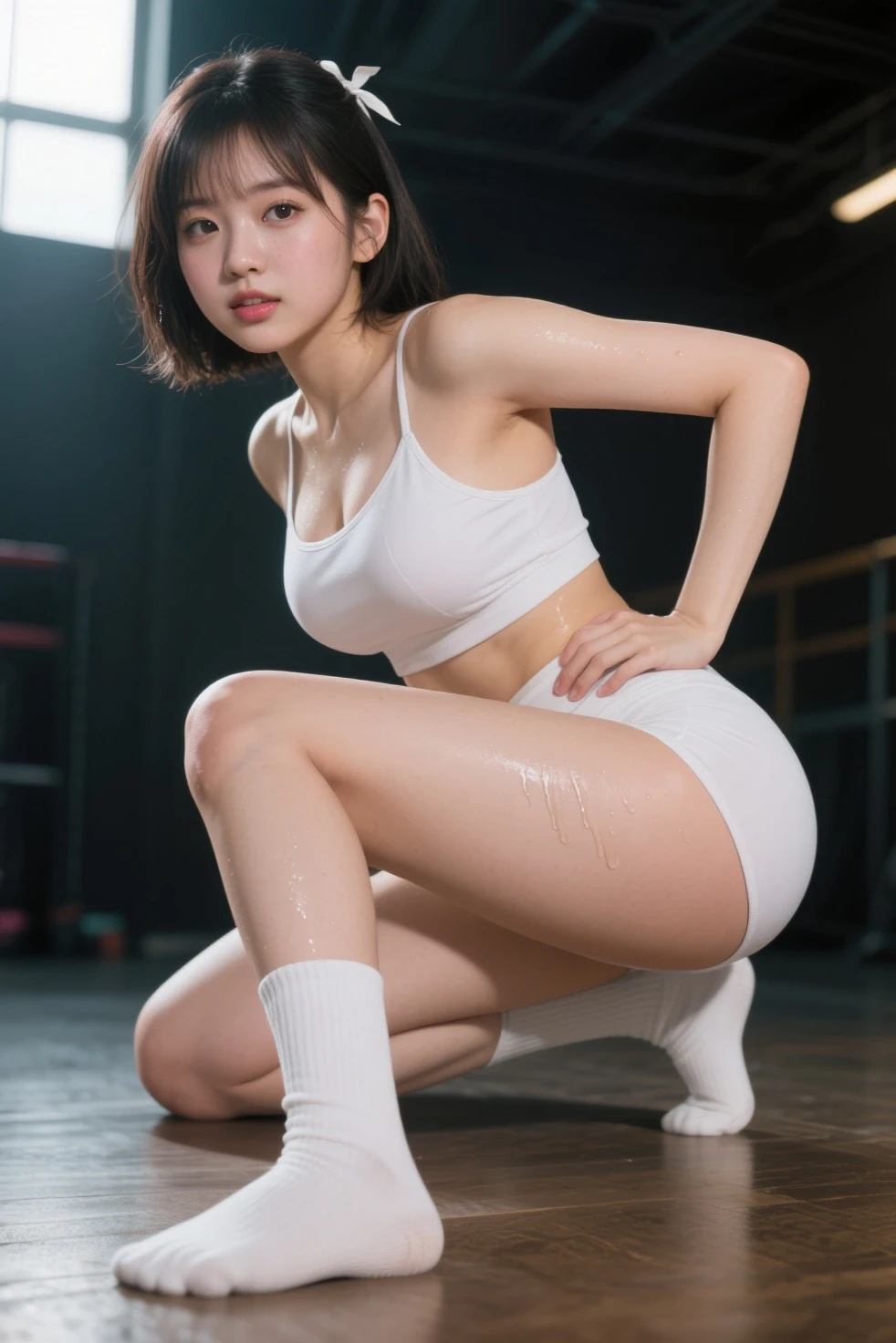 Squat up and down，mini skirt，Vacuum into battle，Ultra-detailed sculpting of the lower body，White skin，front，腿往两侧separation，Childlike face，Take off the crotch cover，emphasize，separation，blush