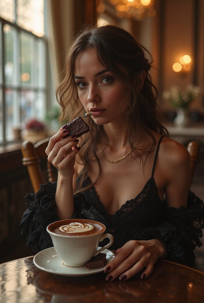 8k, best quality, head of'artwork, realistic, ultra detailed, photo realistic, Augmenter la qualité,
une photo d'a girl on a terrace drinks her coffee with a slice of strawberry cake, long brown hair,pose à table avec un décor de luxe,brune,style classe élégant,dress classy heel chanel suit ,cosy,elegant,dans le style d'a dark and brooding designer, masse volumineuse, photobash, visages sexy, irregular edges, marine, natural beauty,jambes parfaites,corps naturel,poses sexy,Photo en gros plan