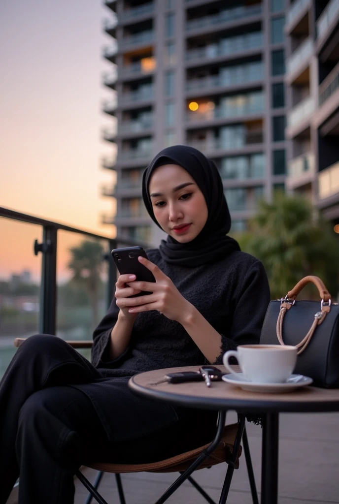 Hijab girl on beach sitting on the banch iPhone16 in her hand