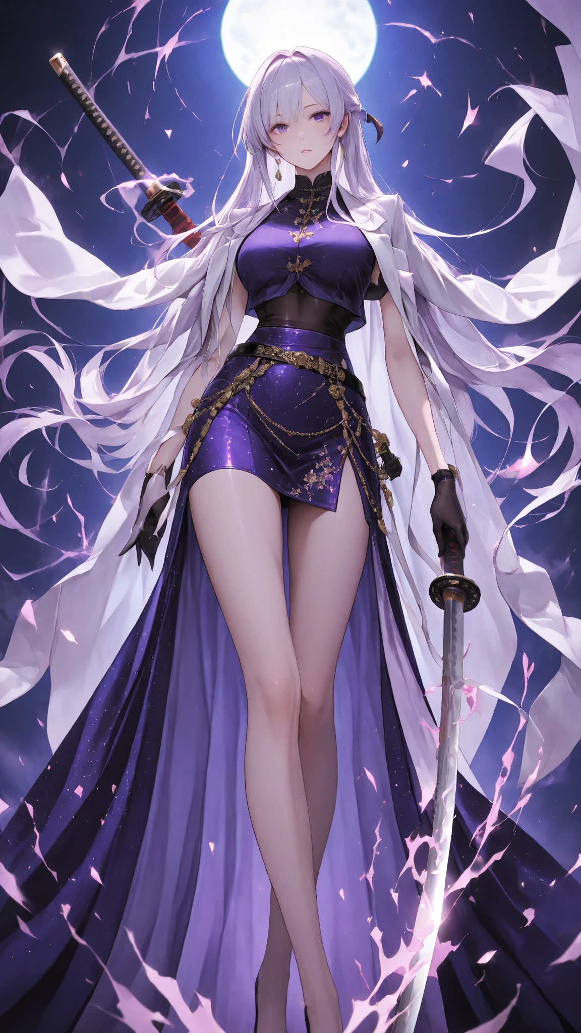 1woman, tall, light purple hair, golden eyes, dress, standing on ground, high res, ultra sharp, 8K, masterpiece