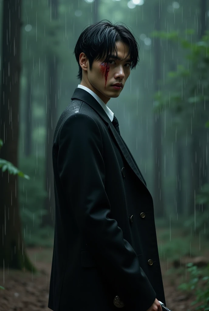 Tokyo revengers style anime boy, neck-length black hair lying on the floor full of blood while it rains