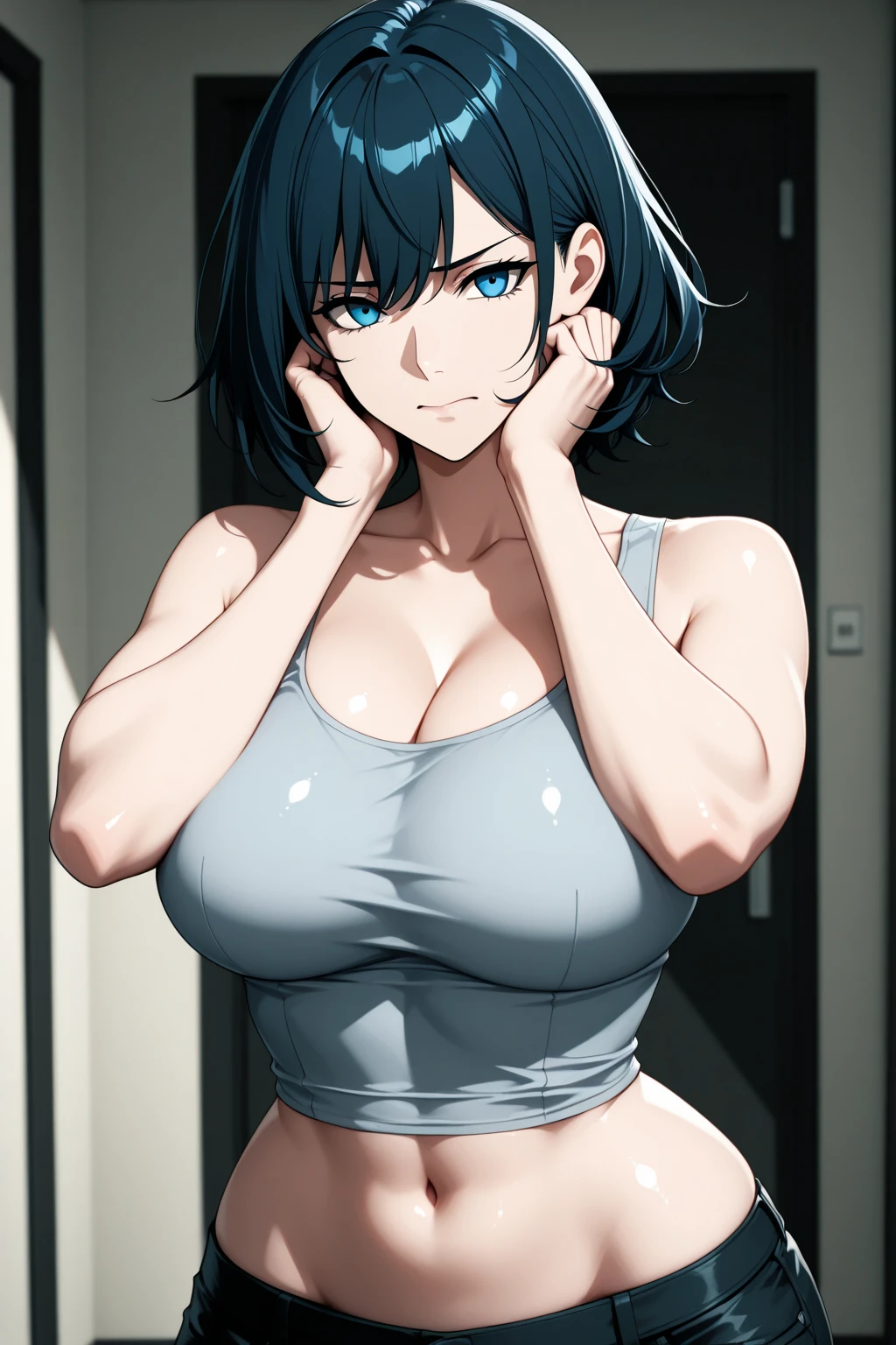 Blue t-shirt with straps. Panties. Big tits. Big hips. In bed. Evil smile. At night.