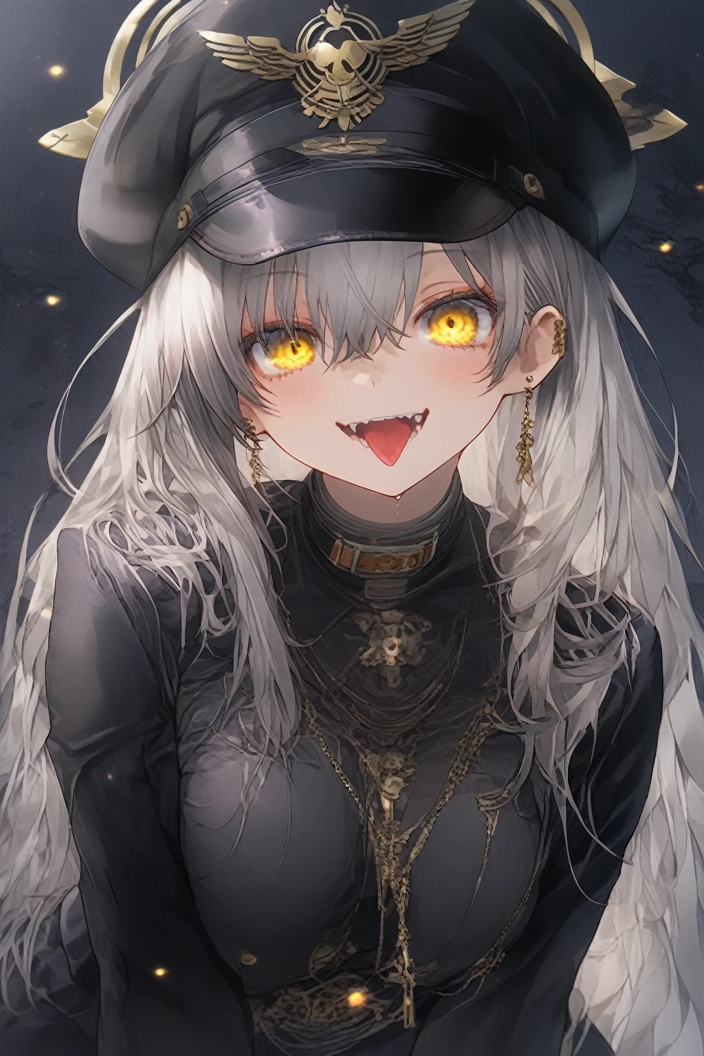 As an illustration to scary fairy tales, Baba Yaga with a mortar, an old wrinkled and scary woman, a big hooked nose, a huge downturned nose, an evil crazy face, long lower fangs, gray hair occupy the entire background of the picture, and a cute black cat((best quality)), ((masterpiece)), (detailed), perfect face