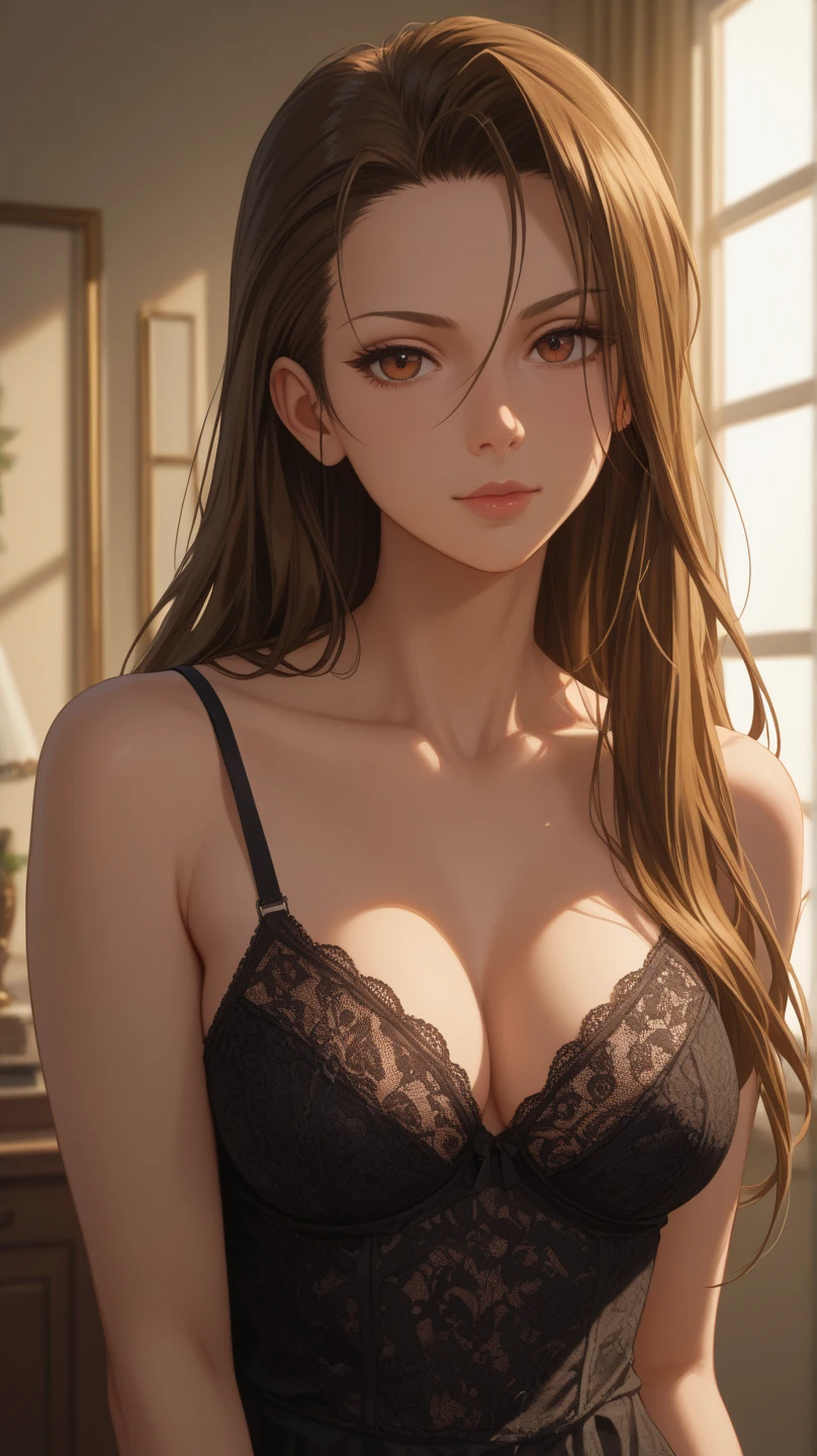(masterpiece:1.3, Highest quality, Ultra-high resolution, Super detailed), (Realistic, photoRealistic:1.4), Beautiful illustrations, Perfect lighting, colorful, Depth of written boundary, Beautiful detailed hair, Beautifully detailed face, Beautiful fine details, Beautiful clavicle, Beautiful body, Beautiful breasts, Beautiful thighs, Beautiful feet, Beautiful fingers, View your viewers, 1 girl, Perfect Face, (Perfect Anatomy, Anatomically correct), Cute and symmetrical face, Baby Face, , Shiny skin, (Brown Hair), Hair between the eyes, Dark green eyes, Droopy eyes, Big eyes, Long Eyelashes, (((Luxury underwear)))、((Yellow floral underwear))),(bra、Embroidery pattern)、(((panties、Embroidery pattern)))、(Beautiful views), Bright lighting、smile、laughing,(((semen)))、(((The whole body is visible)))