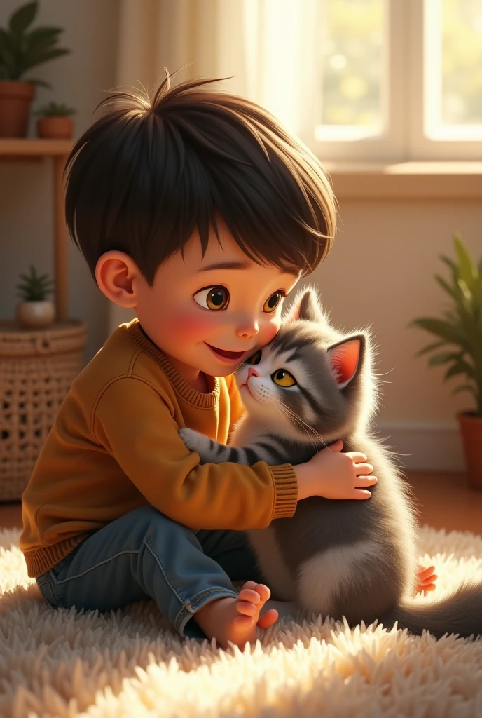 A boy and a black cat is looking at each other beside a opened glass window . The cat has sit on the window. The boy is standing outside of the house and has kept his hand on the lower part of the window and his wrist under his muzzle. In the background there is nature. In the left side of the background there are flowers plant. The picture has been taken from the inside of the house.But the boy is standing at the outside of the house . The picture only shows her upper chest.