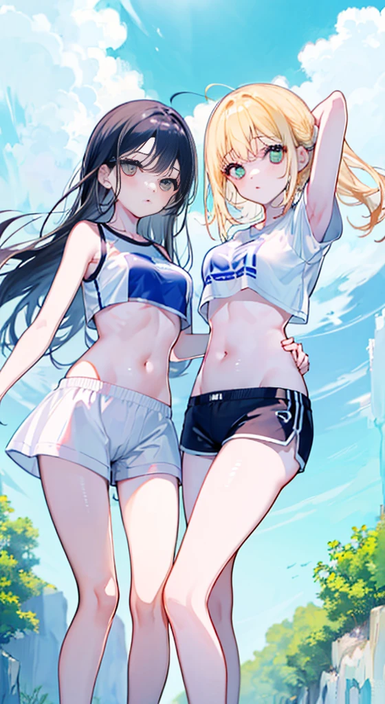 (Superflat, Flat Shading, flat-colors:1.1)、(Magazine Cover)、(Multiple girls)、Illustrations、((Lori、Petite、flat chested、A 12-year-old girl))、White skin and beautiful appearance、white wavy hair、Red eyes、Petite、striped crop top、Children's Printed Panties、Smile、Bottom、from behind、colorful stockings、Volumetric lighting、Soft light、Bright、neons、Vibrant colors、watercolor paiting、
