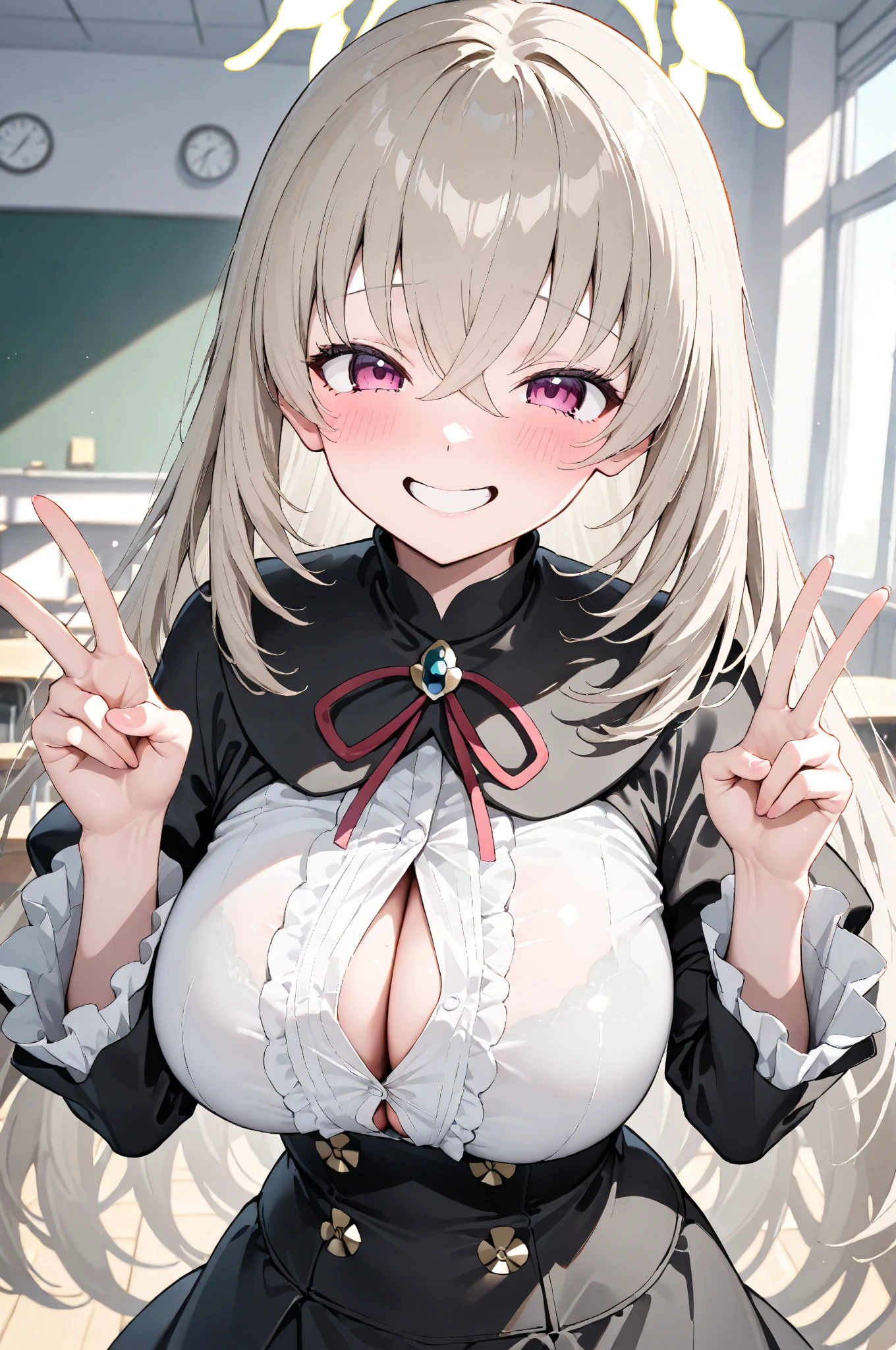 1girl, one eye closed, animal ears, rabbit ears, solo, white hair, playboy bunny, detached collar, long hair, wrist cuffs, smile, necktie, cleavage, open mouth, upper body,huge breasts,(masterpiece),(best quality),mature female,shiny skin,blanc \(nikke\)