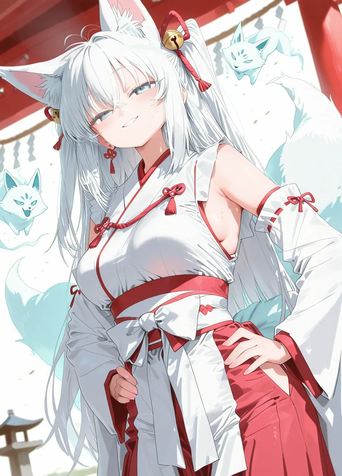 
- Lleva una layer clara con una abertura en el frente, color 
- La layer cubre parcialmente una camisa blanca con mangas.
- Black tight pants.

- Long, pointed wolf ears, White color.
- Long hair, white and messy, that reaches beyond your waist.
- Ojos rEyes o rosados, that stand out on his pale face.
- Cola peluda y larga que coincide con el color de su Hair blanco.
- Bare feet shaped like a wolf.

- A Wolf Woman, wild, naughty, malisiosa - Beige coat - large wolf ears - White hair - Squinted eyes with red pupils and white eyelashes - Black pants - White wolf tail - Lupine appearance - intense gaze, haunting - White (Hair, layer)
- ????? (pants)
- Red/rosado (Eyes)
- white (ears and tail)
-Head on!