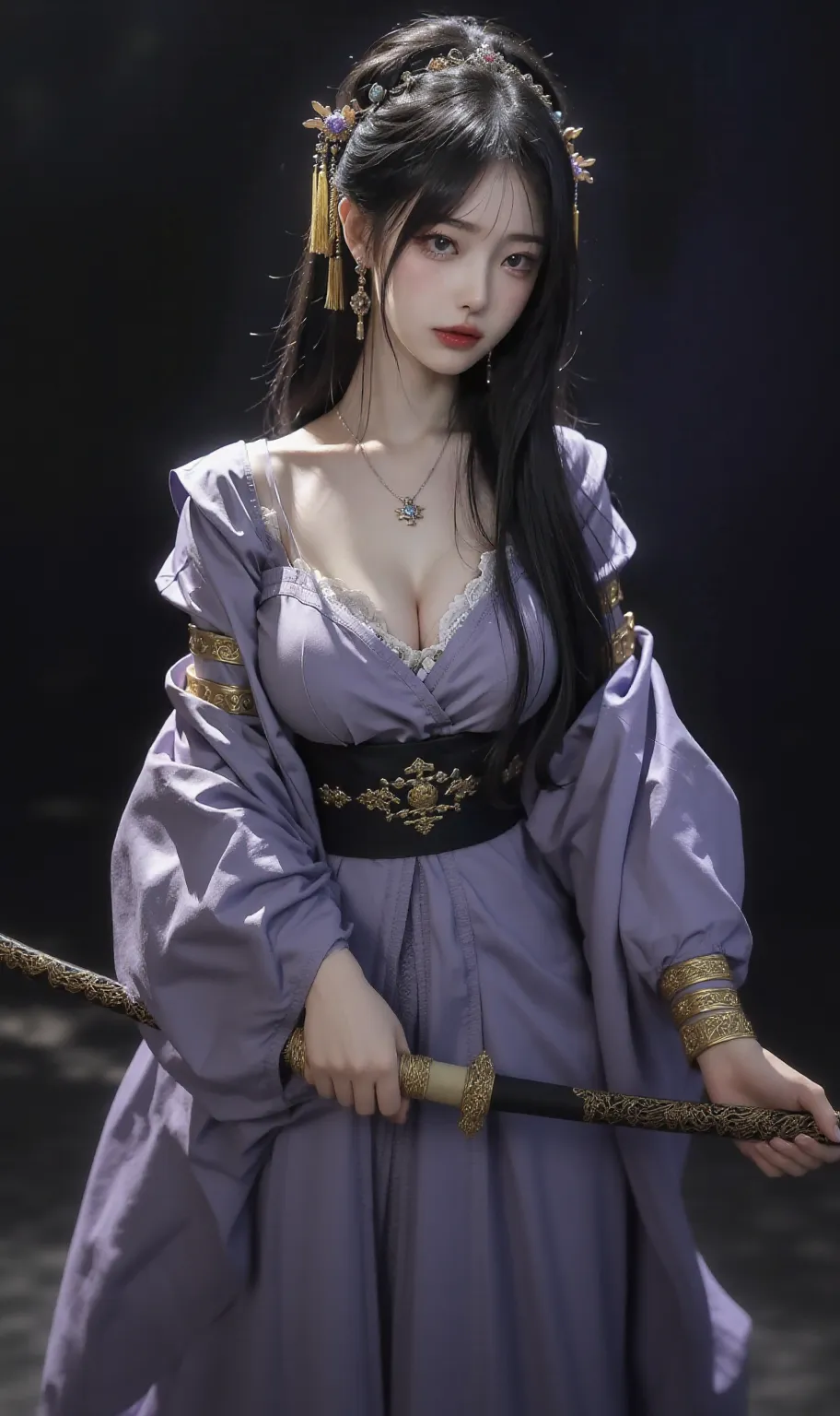(8k, best quality, masterpiece: 1.2), highly detailed, Masterpiece, realistic lighting, masterpiece, best quality, masterpiece, official artwork, highly detailed 8k unity CG wallpaper, beautiful eye details, sharp and beautiful eye highlights, long hair, reddish polish, woman wearing a purple jacket and brown leather trousers, large and beautiful breasts, wearing leather boots, gloves, tied hair ornament, watch, leather belt.