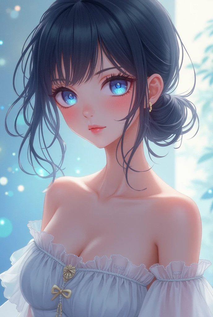 (Close-up of the painting style,Ultra HD 8K,Masterpiece grade CG wallpaper),Cinematic lighting,cute girly,Delicate and beautiful face,Dreamy pupils,Wearing a small floral short summerdresound waist,hijabi,Bust poem,Sit,Cloudy background,the trees,florals,夏天,Chinese style buildings, cleavage