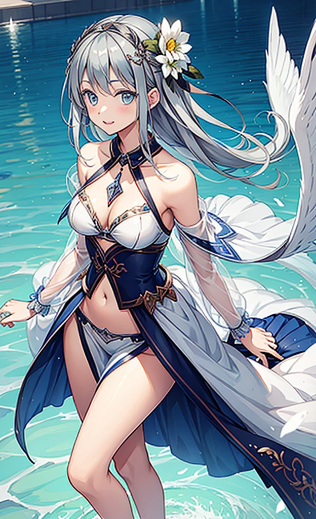 ((Best Quality)), (Ultra-detailed), ((Extremely detailed)), (Beautiful), ((Kawaii Girl)),(two side up hair).,Platinum Blonde Hair,Long hair, hair between eye, Wavy Hair, Long sideburns,Jade-colored eyes, White skin,Normal Chest,Slender body,Cross Halter Bikini,Sandals,in beach,Standing.Look Camera