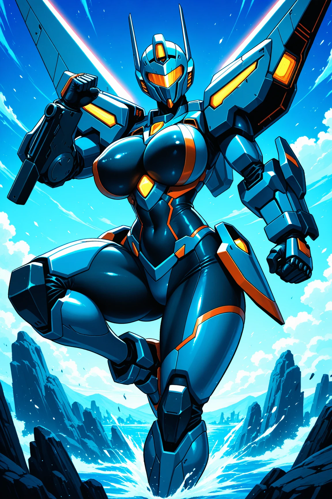 ((mechanical combat uniform))、((SSR rank character))、　anime girl with very big breasts and very long black hair, nime girl, by Shitao, best anime 4k、((Edo))、firework、((Tolerate))、(Tolerate者)、(knife)、((actionpose))