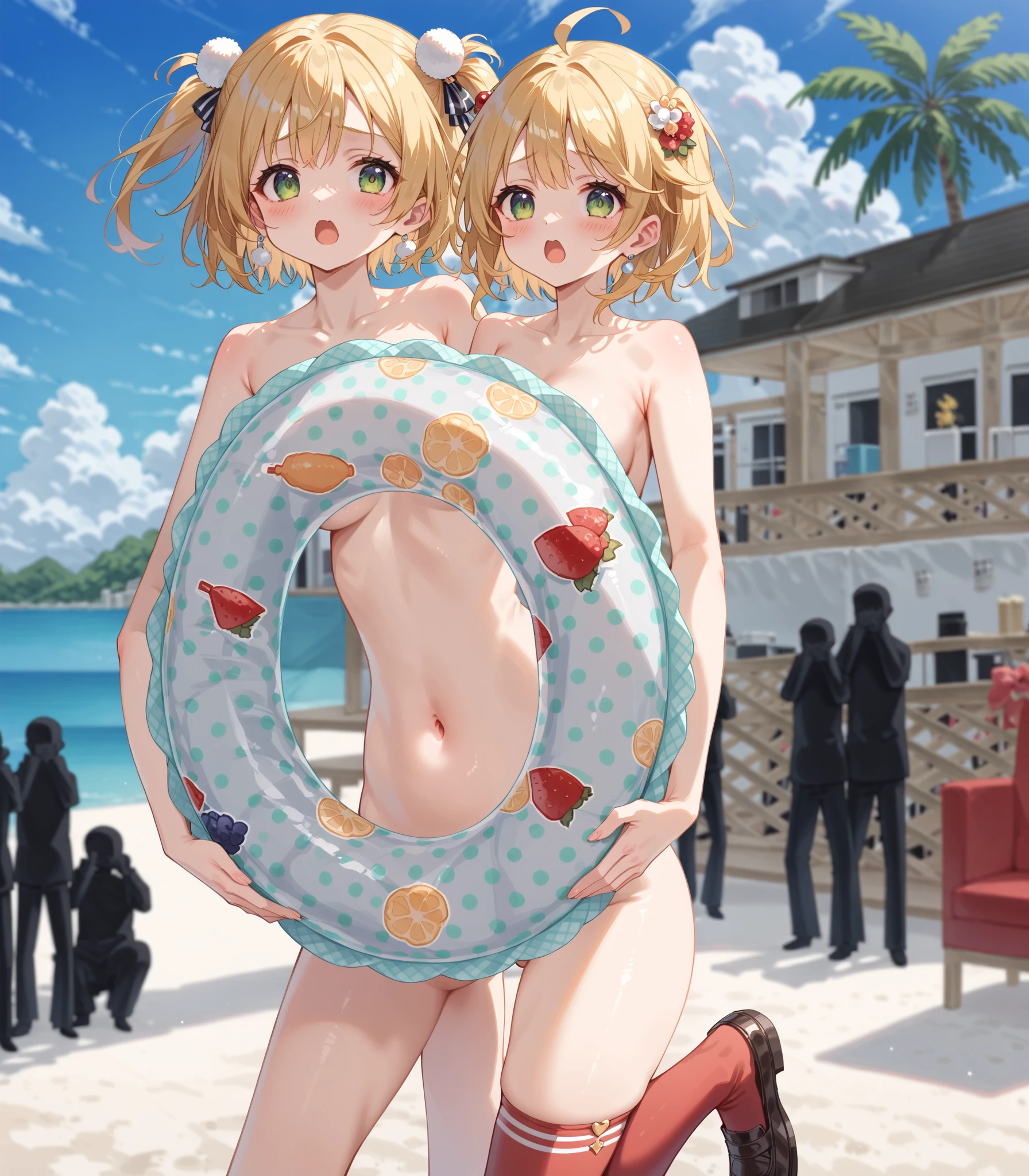 8K resolution, highest quality,nsfw、Kagamine Rin、beautiful eyes、sensitive、naked、shyness、Sweat、shot from below、Look down、whole body、nude、short hair、semen、smile、Hatsune Miku、two people、2girl、pair、pair、lesbian、sea、beach
