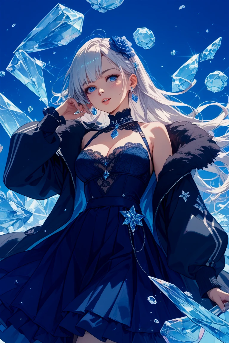 illustration, woman, blue lipstick on lips, cinematic lighti, highest quality, ultra detailed realism, detailed face, detailed eyes, best quality, hyper detailed, Works Prima, Masterpiece, Top Quality, Best, Official Art, Beautiful and Aesthetic, Long Exposure: 1 leggy and thin woman, broad and delicate shoulders, medium breasts, Charming Patterns, Icy witch woman, White , eyes covered by a veil made of ice, Her body is covered with pieces of ice detailed in a beautiful black dress, witch, winter, ice throne, witchcraft, Tone of Magic in Blue, strong glow in neon blue, queen, majesty, in the background a blizzard covering the environment. Front portrait, full body.