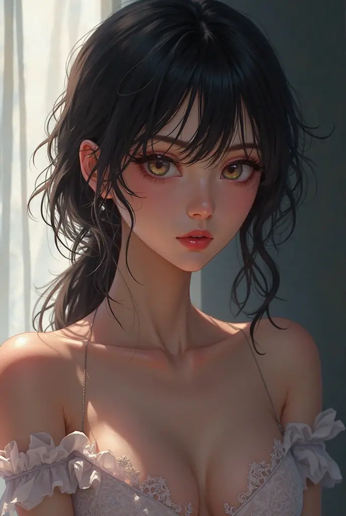 (((Masterpiece))), (((portrait))), Kujou Sara, diffused light, dynamic shadows, sharp focus, realistic, detailed, highres, absurdres, white background, no bra, photorealistic, lifelike, wet, mascara, blushing, sleeveless, youthful appearance, pee stain, white panties, (((side))), (((nudist))), (((ponytail)))