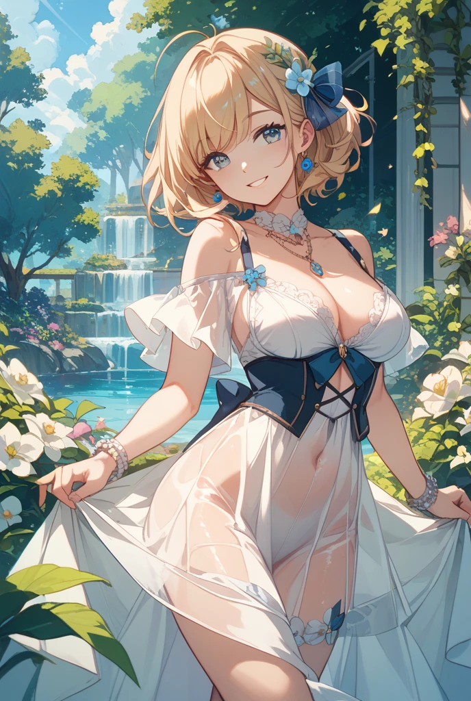 (MASTERPIECE), (Best Quality), (Ultra Detail), (Best Anatomy), Official Art, One Girl, Lori with Light Hair, Petite Little Girl, Goddess, See-Through Robe, Small Breasts, Cleavage, Off Shoulder, Underboob, Side Boob, Thigh Focus, Navel Out, Low Angle, Wet and See-through, Chest Stretching, Card Illustration, Deep Forest Fountain