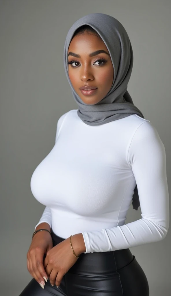 Dark skinned arab female model, 1/2 photograph, at home, natural light, posing for picture, thick lips, bimbo lips, hijab, cotton turtleneck sweater, long sleeves, freckles, huge massive breasts, 