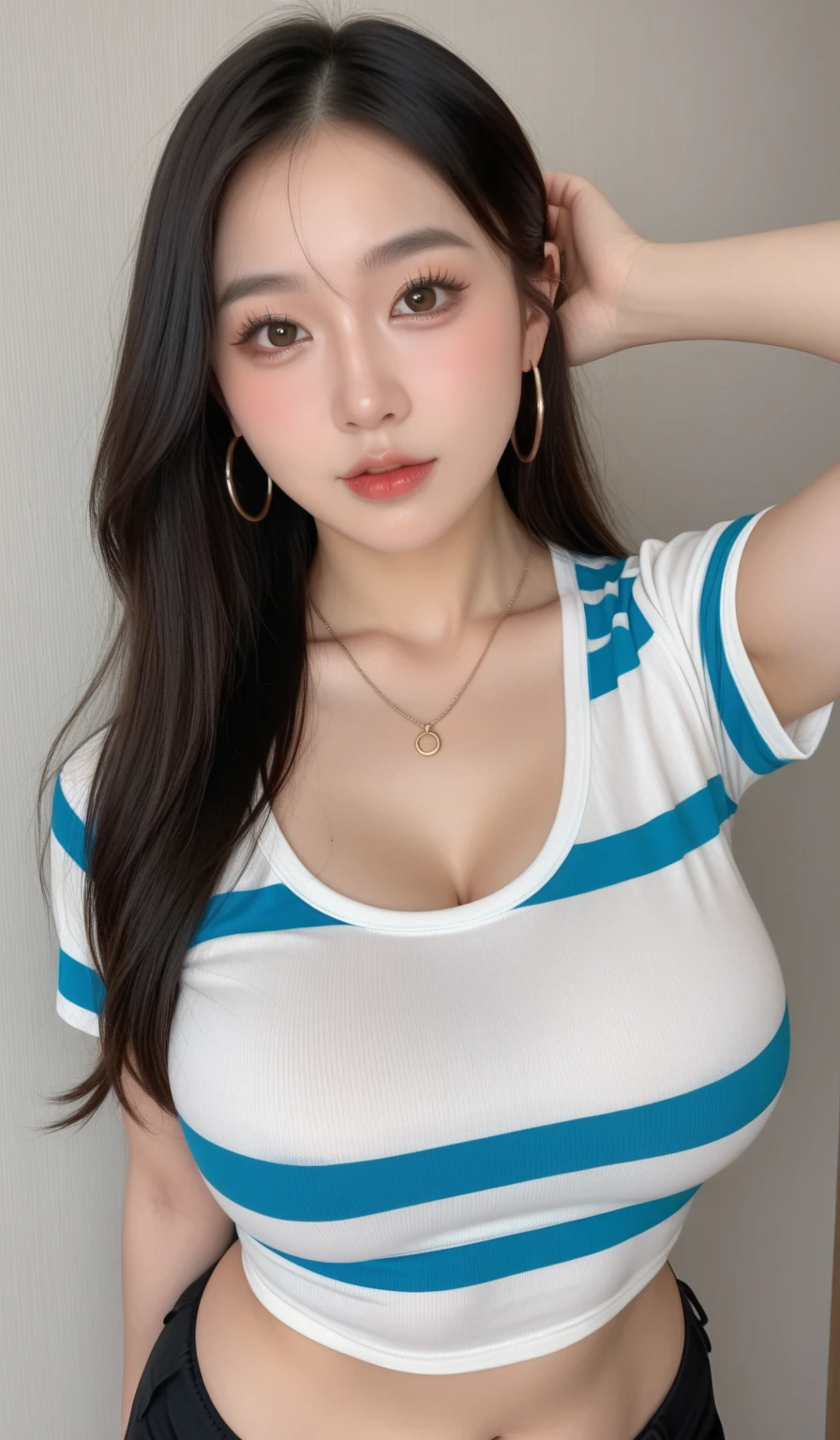 An adorable Indonesian woman sitting on bench with a white bra, denim's mini skirt, 8k selfie photograph, 30 years old beautiful woman, blushy face, (big puffed breast, ample cleavage, small tits), bright skin, black straight hair, selfie shot, smelling flower, masterpiece, sea of flowers background