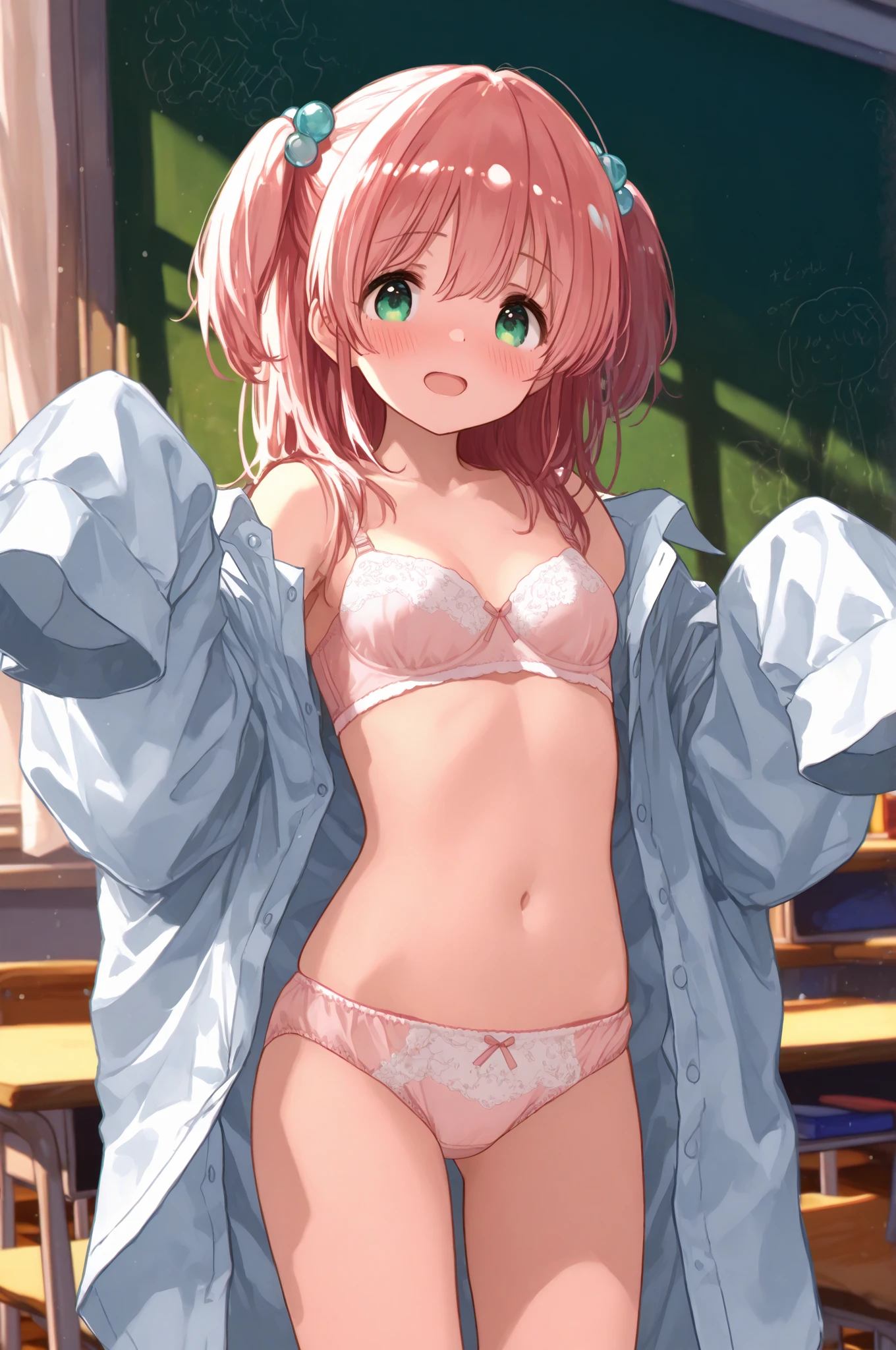 ((Mustpiece/highest grade)), (1 girl), light pink hair, medium hair, soft perm, bed, kneeling, opening legs, raising both hands, looking down, morning sun, medium breasts, slim, male White Y-shirt only, no bra, white panties, bare feet, slightly see-through clothes, shy, blush, boy's room, shot from below