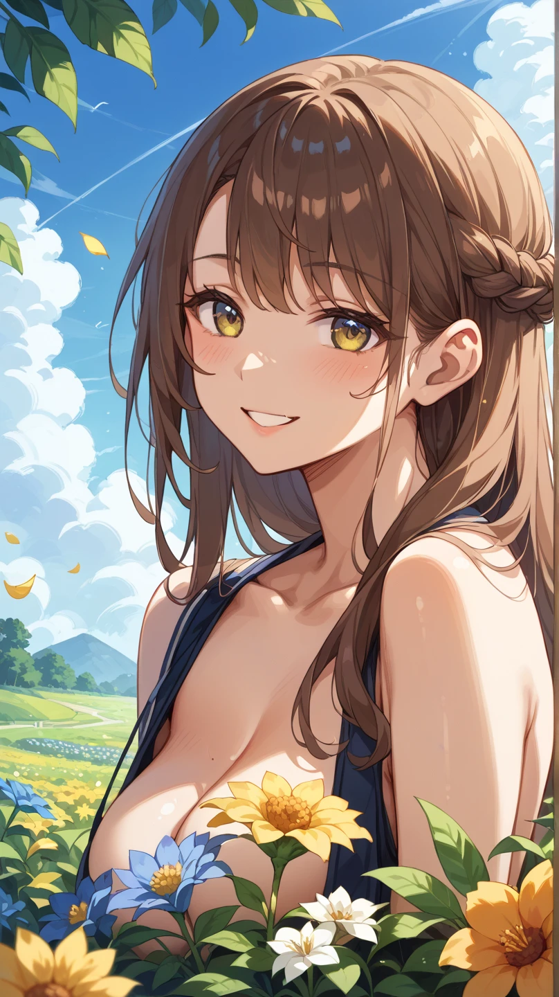 masterpiece:1.2, 8k, real, photorealistic:1.37, Super detailed,
1 female, Japanese, 22 years old, looking at the viewer:1.5,
detailed and beautiful eyes, adorable smile,Medium chest, white skin skin,
wearing a fine brown off-shoulder sweater,
daytime,