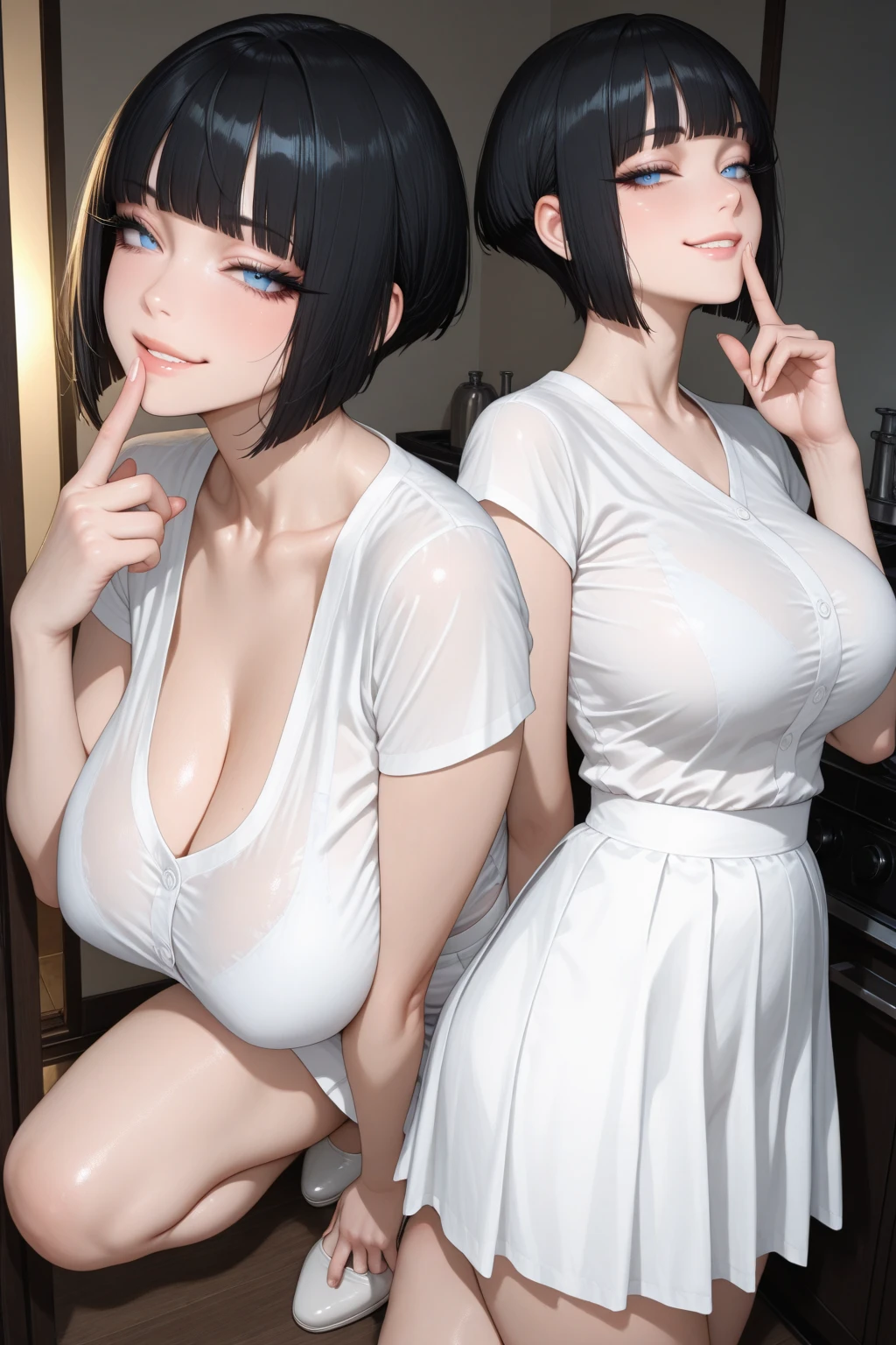 ((High quality)),masutepiece,(Detailed depiction of local details:1.2),2girl,Plump breasts,Enchanted Valley,Closed mouth,Eyelashes,nipple bigboobs,Portrait,White hair,black theme,Short hair,yorha no. 2 Type B,(((White hair and black hair)))、((Lick each other's genitals)) Full body view、(((sixty-nine)))((Woman in white underwear、Woman in black underwear))((Two people smiling))((Light skin and dark skin))(((Black Hair、Dark Skin、Woman in Black Dress)))((white thong))((black thong))Enjoy swimming in the sea、