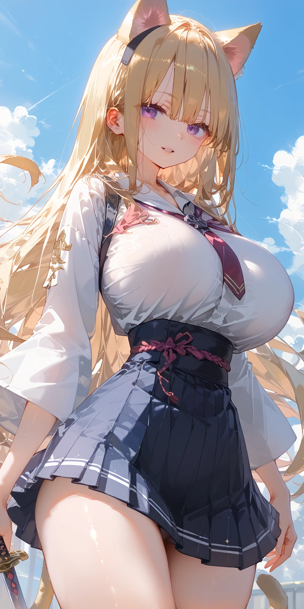 (masterpiece:1.2、highest quality、T Masterpiece)、1 female、alone、classroom、Day、stand、blonde、ponytail、red eyes、(sailor suit:1.4)、(black skin:1.4)、big breasts、pantyhose、corset、earringini skirt、lipstick、very sweaty、Scrunchie、choker、blush、pull the skirt、(Ahegao:1.2)、(stick out tongue:1.2)