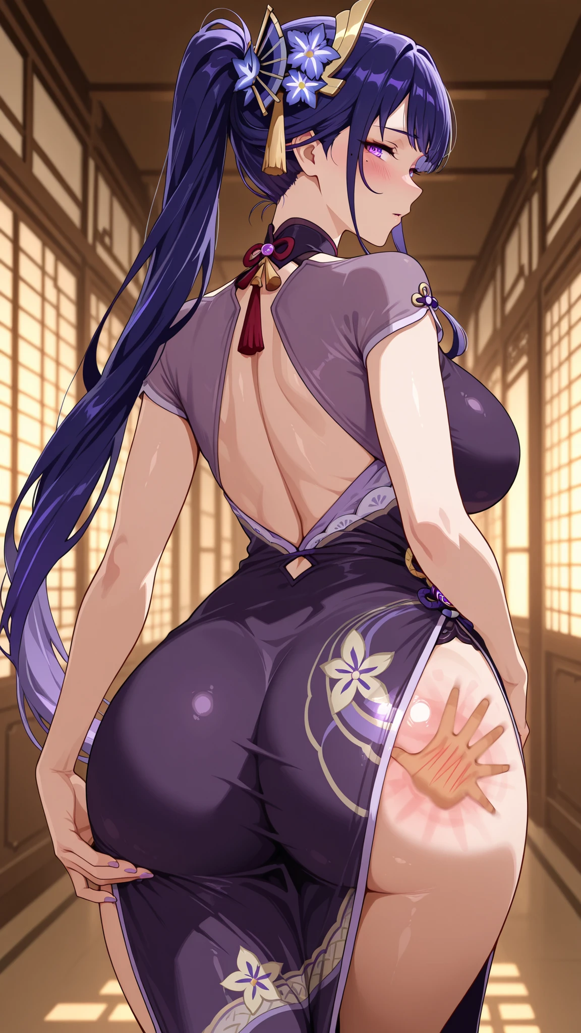 score_9, score_8_up, score_7_up, score_6_up, BREAK source_fate, minamoto no raikou, purple hair, purple eyes, 1girl, anus, ass, blush, completely nude, from behind, huge breasts, naked, nipples, pussy, sitting, solo, uncensored, wariza