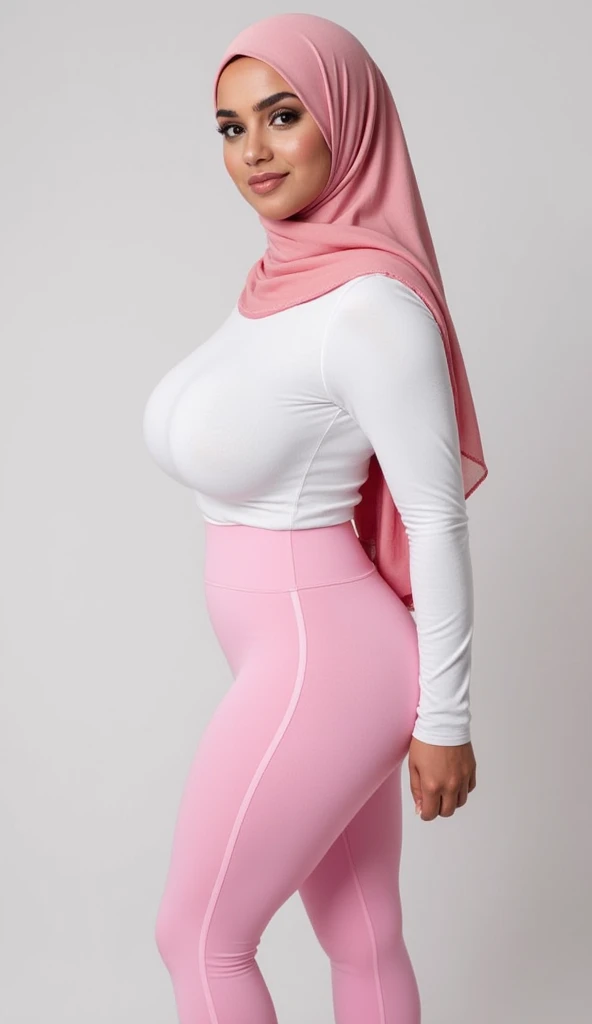 RAW, Best quality, high resolution, masterpiece: 1.3), beautiful curvy fit body Malay woman in hijab,wearing pink tight legging casual , casual white t-shirt, , smile, afternoon walk,klcc,((bokeh)),Excellent lighting, Bright colors, Clean lines, ((bokeh)),huge thighs, super detail realiistic,flirt with a camera