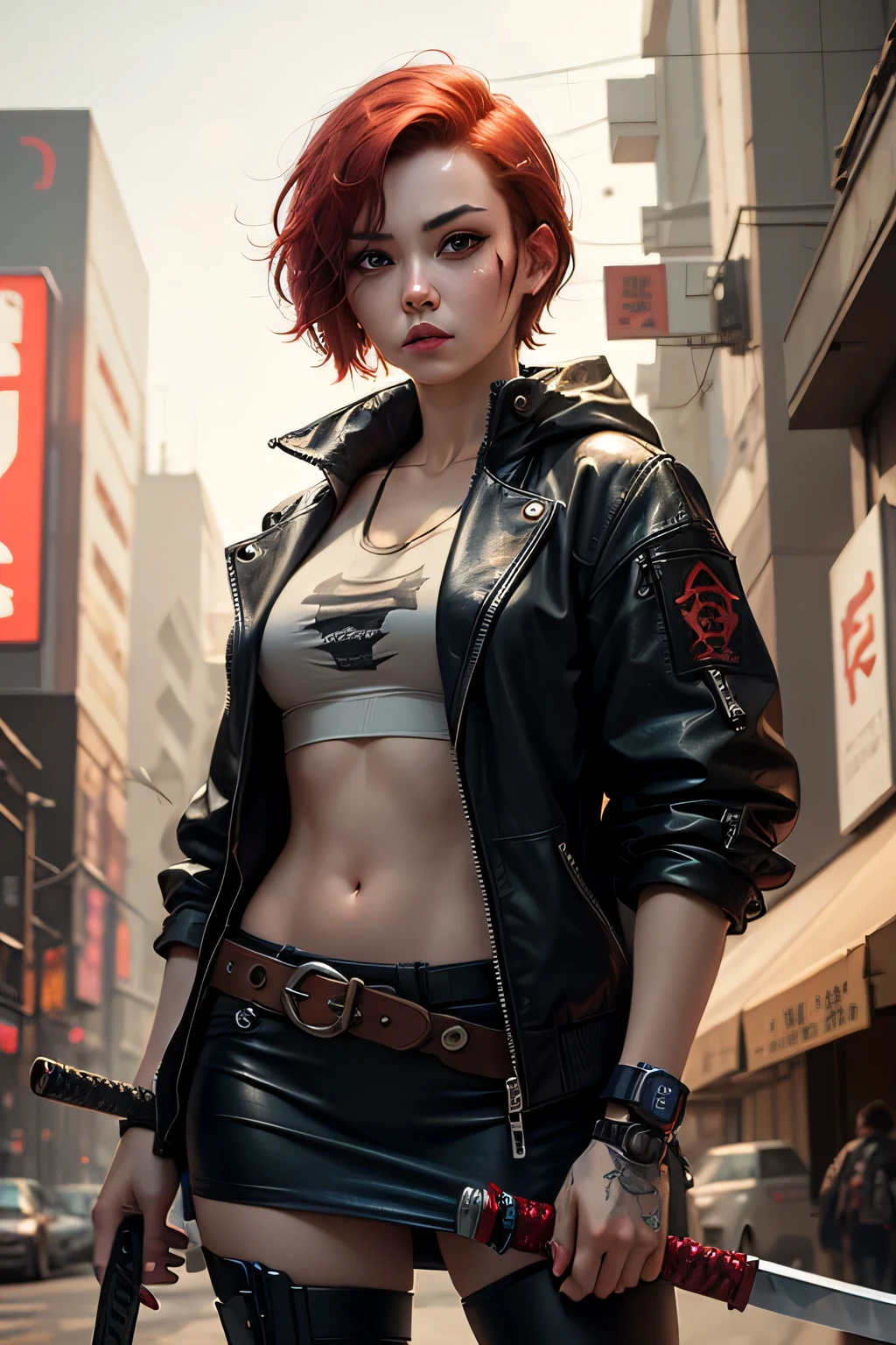 (best quality),(realistic),(masterpiece), 16K, neon light a one beautiful asian girl with red short hair, lovely face, perfect eyes, big breast, ((in a blue futuristic jacket)), (futuristic cyberpunk Japanese city background: 1.25), detailed background, walking, ((seductive model pose)), (((dynamic pose))), looking on the viewer