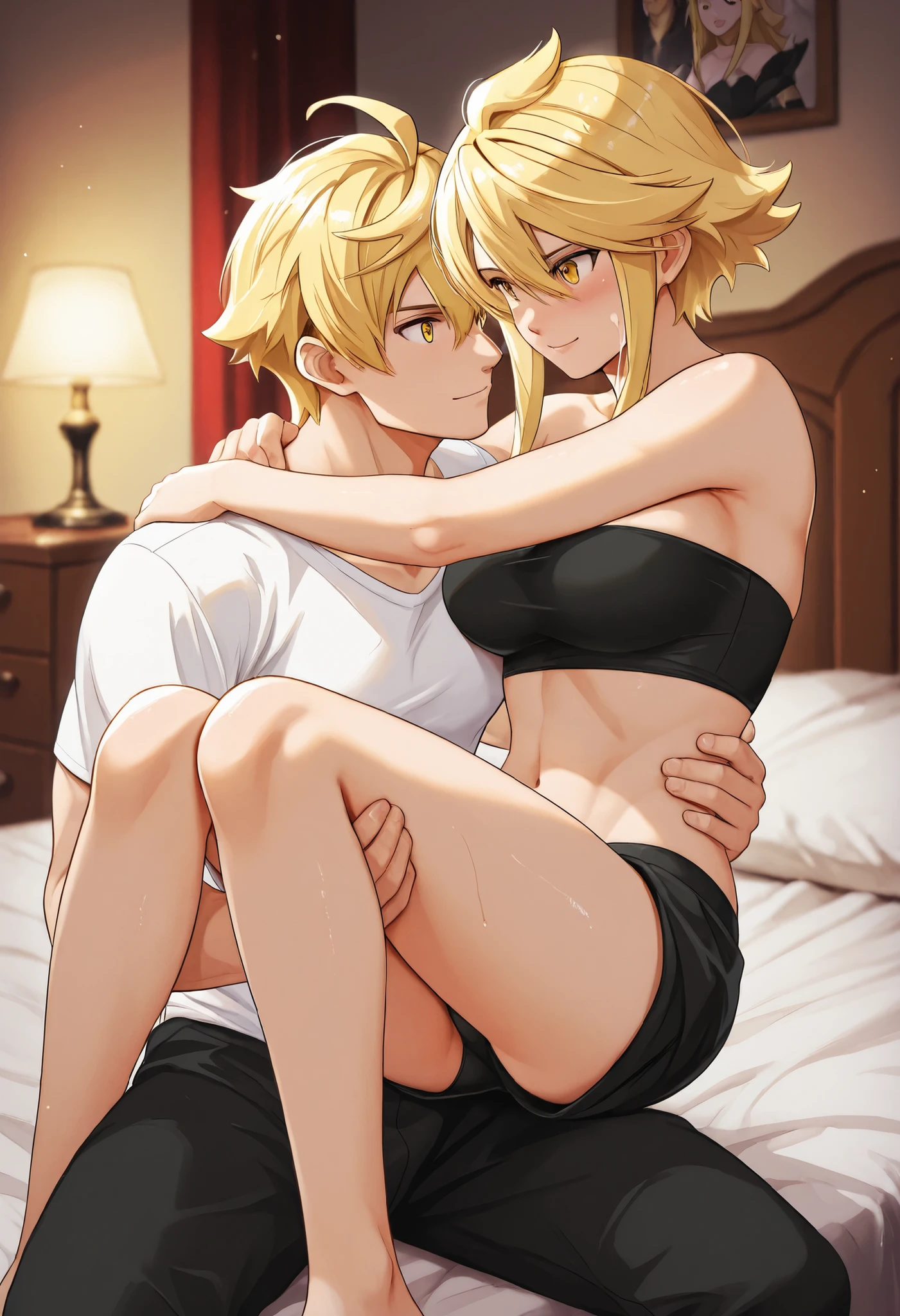 Arthur Pendragon carrying Leone in a cozy bedroom, romantic and intimate atmosphere. Arthur wears a simple white shirt and loose boxer pants, his arms holding Leone securely. Leone, shor hair blonde, yellow gold eyes, shor hair girl, aaleone, wears a sleek black strapless tube top and matching black panties, her legs wrapped around Arthur. Soft lighting, warm tones, detailed facial expressions—Arthur looks protective and loving, Leone appears playful or affectionate. The background features a stylish bedroom with subtle decor, bedsheets slightly ruffled for a natural feel.
