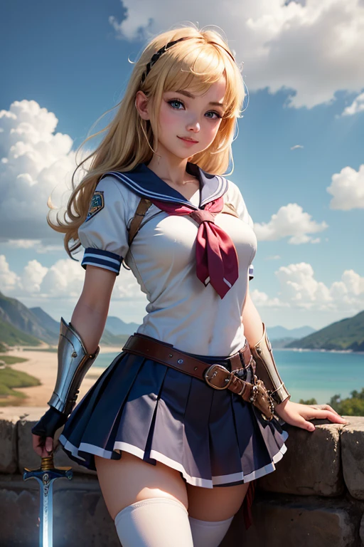 (2heads:1.3), zetadef, braid, hair intakes, twintails, hairband, red armor, shoulder armor, skirt, thighhighs, gauntlets, belt, midriff, cleavage, smug face, on the deck of a wooden airship flying, blue sky, clouds, photograph, realistic, beautiful, absurdres, high quality, 4k, 8k, 1girl, solo, dynamic angle, arms folded, standing, ((close-up)), ((half-body shot))
