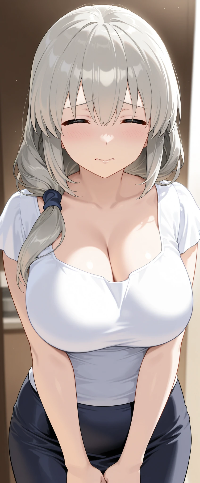 A 50 year old beautiful Japanese female doctor examining in the examination room of a Japanese practitioner, (big breasts, big hips), (best quality, masterpiece, 16k, ultra detailed, beautiful skin, professional lighting), (actress: 1.2), (t-shirt, white Doctor’s Lab Coat: 1.2), long ponytail, smile