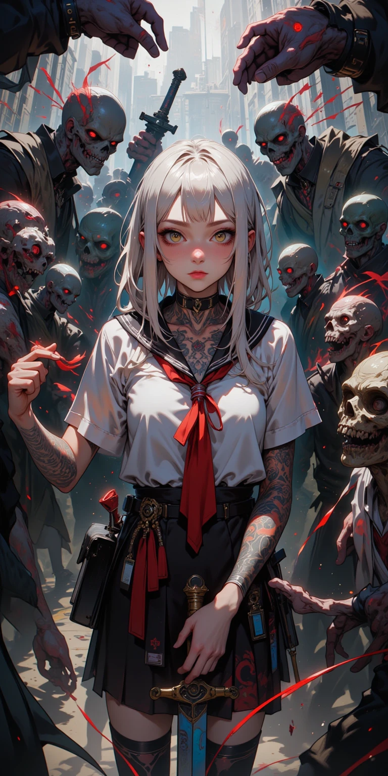 ((8K:1.4)), Impeccable, acurate, (A high resolution:1.2), (high detal), high qulity, (tmasterpiece:1.8), A girl drawing a sword, (Dark skin:1.8) (wounded:1.2)), ((Rusty_finger nails_In_skin)), (agony), (icey:1.2), (Camouflage top:1.2)), (Long messy white hair), (Red_sclera:1.2), ((Blurred flesh and blood)), (crazy_Smile:1.2), (Blood covers the face:1.6), blood all around, (Blood on clothes:1.2), ((blood vess:1.2))), (((internal organs:1.2))), Mouth injury, a scar, (Cuts_On_skin:1.2), Blood on the lips, ((anatomical accuracy:1.6)), Very wide open mouth, (bodyhorror:1.2), (Meat clothes:1.2), Monster features:1.2), Monster face, (((Devil Eyes:1.6))), (dentes pontiagudos),Demon Sword,white backgrounid,ink wash style,red - eyed,White T-shirt,Black shorts