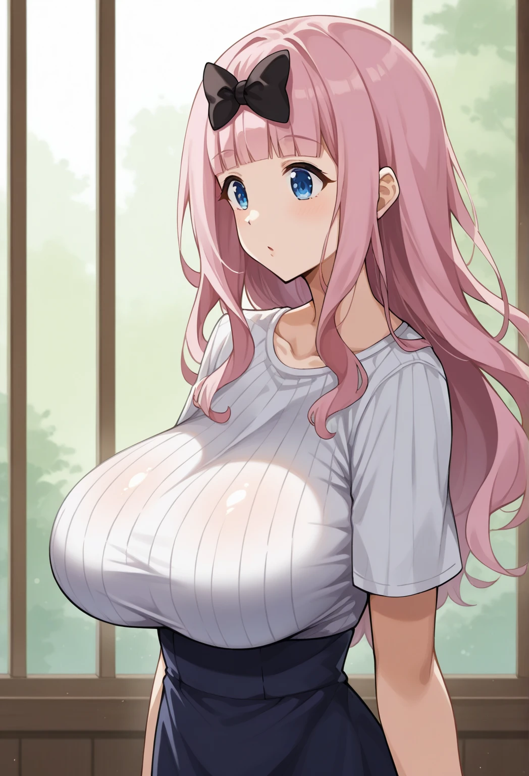 masterpiece, best quality, finely detailed, high resolution, extremely delicate and beautiful, dim light, best shadow, cowboy shot, 1girl, sleepy eyes, (huge breasts:1.4), (cleavage), bright skin, (oversized T shirt:1.2), (pantless), cowboy shot, pink long hair