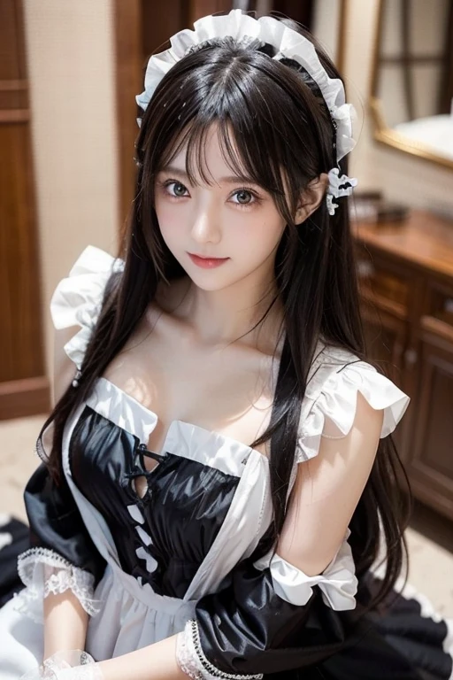 20-year-old、Black Hair、Big Breastaid、Maid clothes、cool、Soft color lighting、looking at the camera、Smile、Lie down on the bed