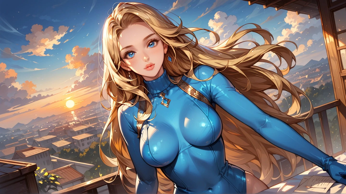 (Best Quality, 4k, Masterpiece), Beautiful Woman, Hyper Realistic, 1girl, (Sagging breasts, attractive body), Abs, Long and straight blonde hair, Ultra-detailed face, Detailed lips, Detailed eyes, Double eyelid, Open neckline, Hanging breasts, Side pose, Visible curves, Muscular turned leg, Big breasts, Green eyes, smiling, Big ass, standing, show more ass, Hands on ass, Crossed legs, inside the moon, blue and sexy jumpsuit glued, pink lips, Samus Aran, super metroid --auto --s2