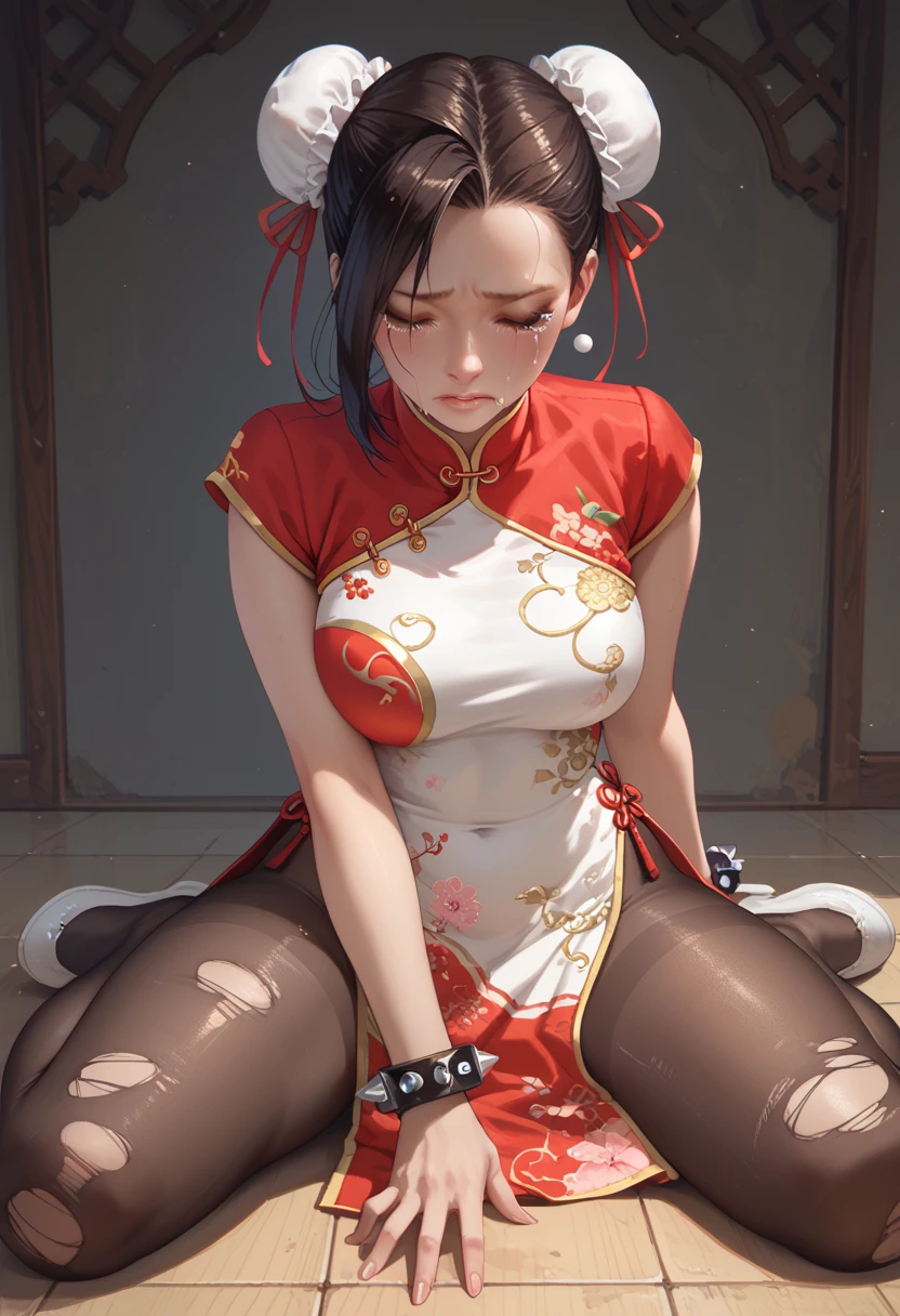 score_9, score_8_up, score_8_up, wet skin, small breasts, pale skin, cute face, ???-like proportions, blue eyes, (((glossy black hair, chinese hairbuns))), ((bangs)), chinese palace indoors, amazing eyes, scared look , low light, negative_hand, , Expressive, 1girl, tiny innocent chinese princess girl, shiny skin, chinese dress, short cheongsam, white embroidered stockings,, jewelry, detailed background, chinese dress, china dress, slit leg dress, chinese clothes, sitting on chair, sitting, scared submissive female, perfect face, solo, full-body shot