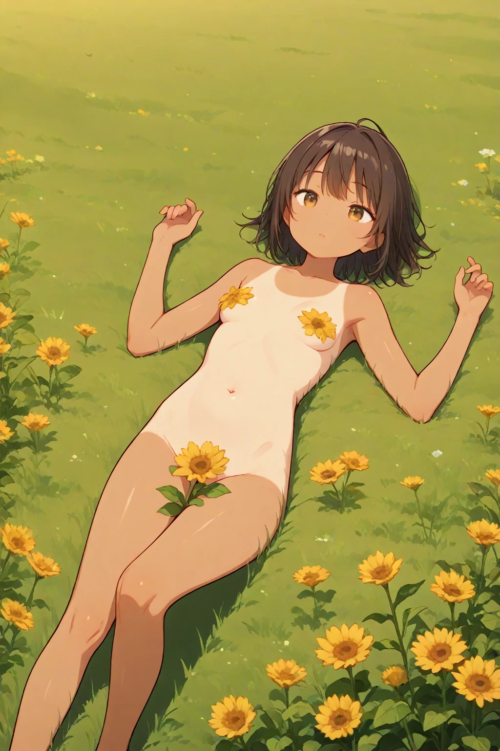 cute, naked, nude, happy, sunny, flowers, flat chest