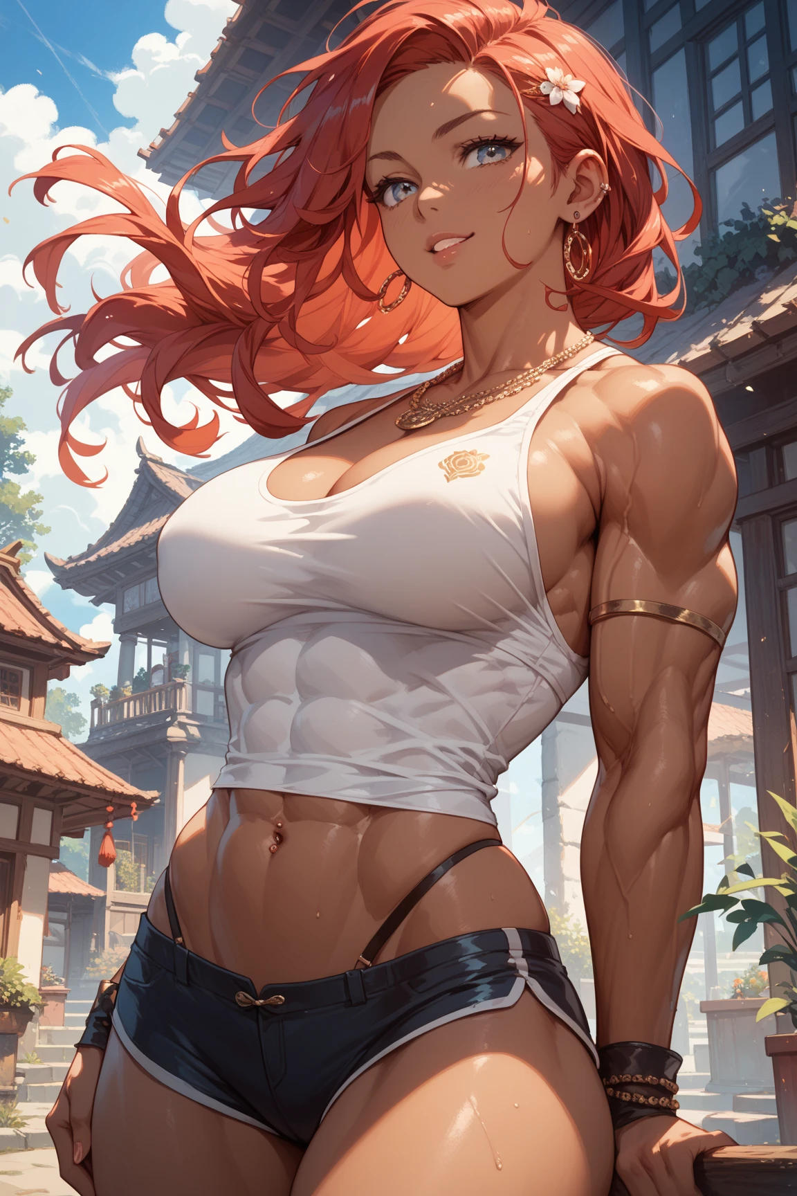 (Masterpiece:1.4), (best quality:1.2), kitty cat katarina, 1girl, fur trim, strapless bra, cleavage, scar across eye, whisker markings, red hair, cowboy shot, ((((huge muscles))))