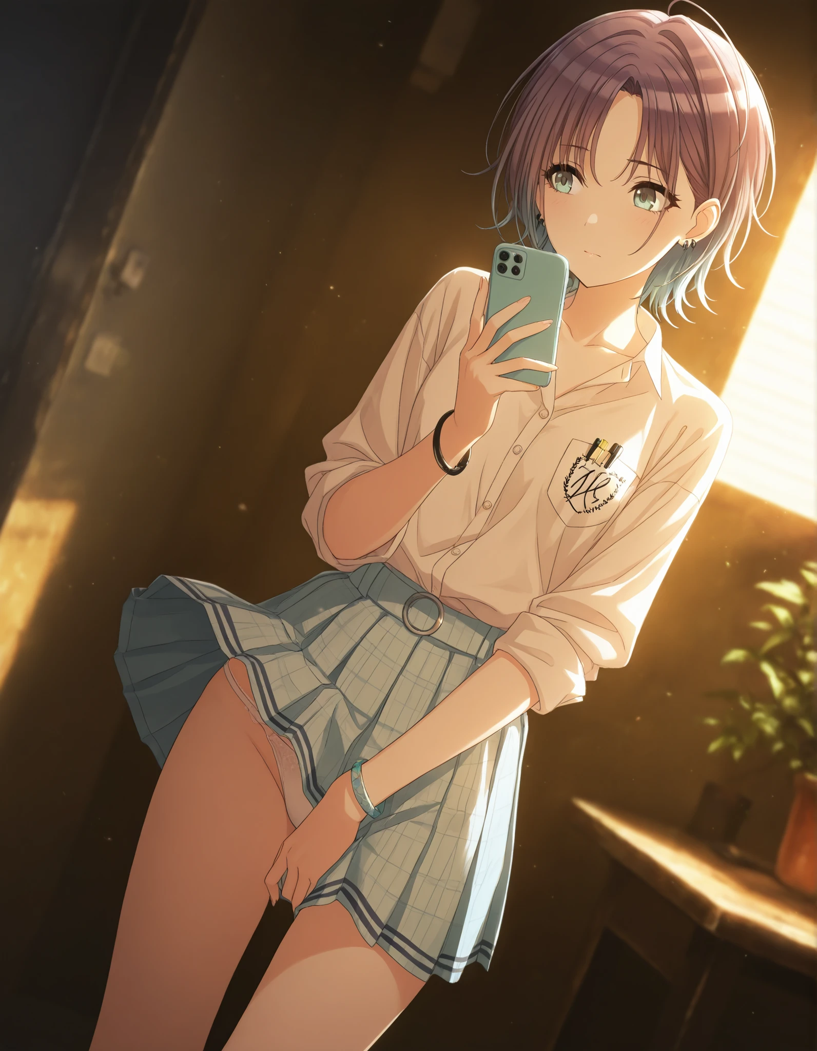 masterpiece,best quality, good quality, dark ,,indoors,((cinematic light)) shanimas, source_anime,asakura toru, short hair, brown hair, blue hair, blue eyes, 1girl, solo, looking away, ahoge, bracelet, earrings, (white shirt, mini skirt, ), collared shirt ,pleated skirt, mini skirt, parted bangs, bracelet, (small ), (slim arms), (dutch angle), wind lift, white panties slip, using phone, arm between thighs, light embarrassed,