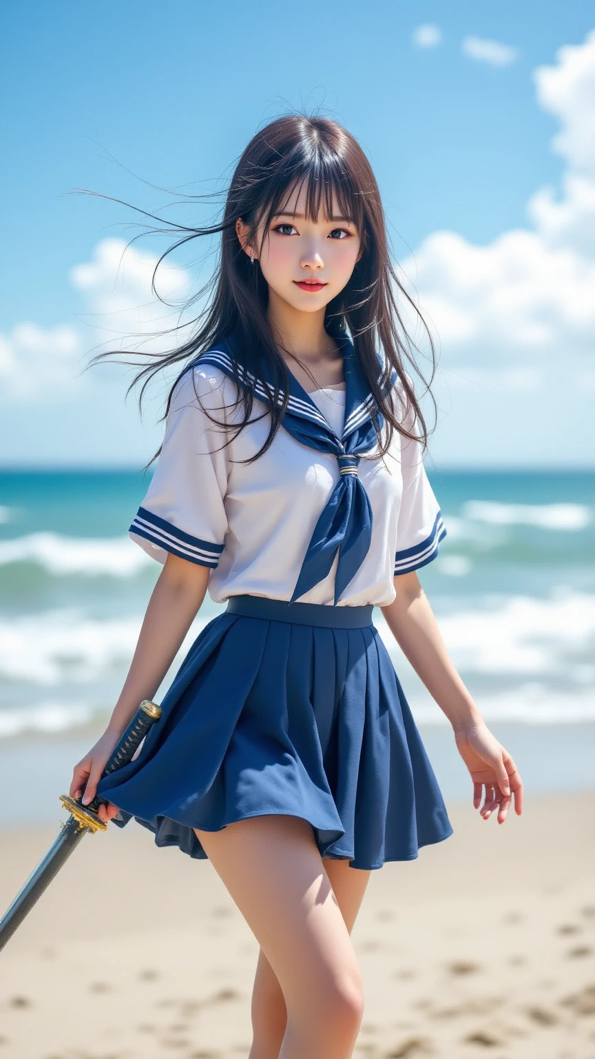 1girl,(((Okinawa ocean)))、(((White sand beaches in Okinawa)))、(((Just join your hands and pray)))、(((Mysterious look)))、8k UHD、Digital single-lens reflex camera、High resolution、Shallow depth of field、Natural light、(((Sailor suit)))、(((navy blue super mini skirt)))、(((A sparkling, charming smile)))、(((Full body photography)) )、Small person、(((Young face)))、1 Japanese female、12 years old;beautiful girl、(Black Hair)、A strong wind blows up my skirt、(((Brown eyes)))、Glowing Skin、Smooth Thinning Hair、Long Hair、Detailed background、Detailed eyes and face、Clear Eyes、Cute smile、Calm atmosphere、(((stage)))、(((Small breasts)))、(((Beautiful Eyes)))、Flat chest、Children、(((Toned thighs))) 、(((Angle from below) ))、(((Fine lips)))、(((Skirt fluttering)))、Shining beautiful legs、( Skirt fluttering violently in the strong wind :1.4), (hair blowing in the strong wind:1.4), (leaning forward)、barefoot、barefoot、((((A skirt flipped up by a strong wind))))