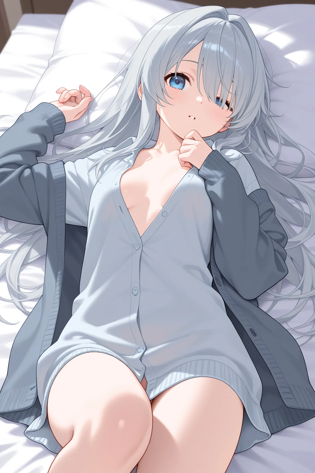 masterpiece:1.3、ultra high resolution:1.3、woman、solo:1.3、high chest G cup、White-silver hair、deep blue eyes、ponytail、skirt、sweater、Lying on the bed:1.3、provocation、sexual excitement、erotic、blush、real moist skin、Stuffy、wet、Honestly lol