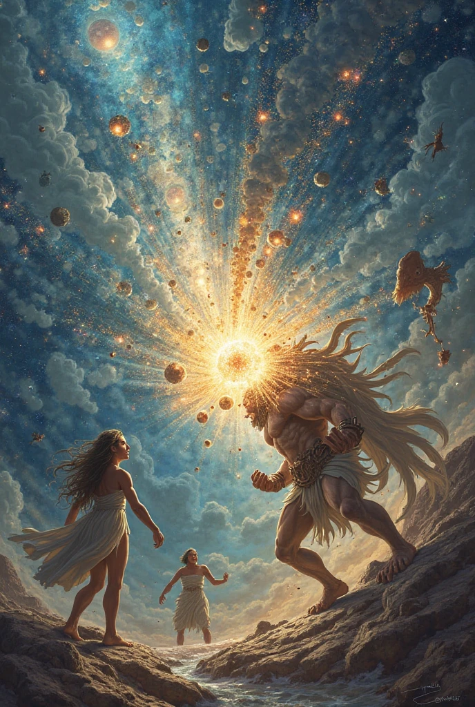 make a fighting scene were two Gods and goddess namely uni(male adult) and verse(female adult) fighting another God black hole(male adult) in the outer space