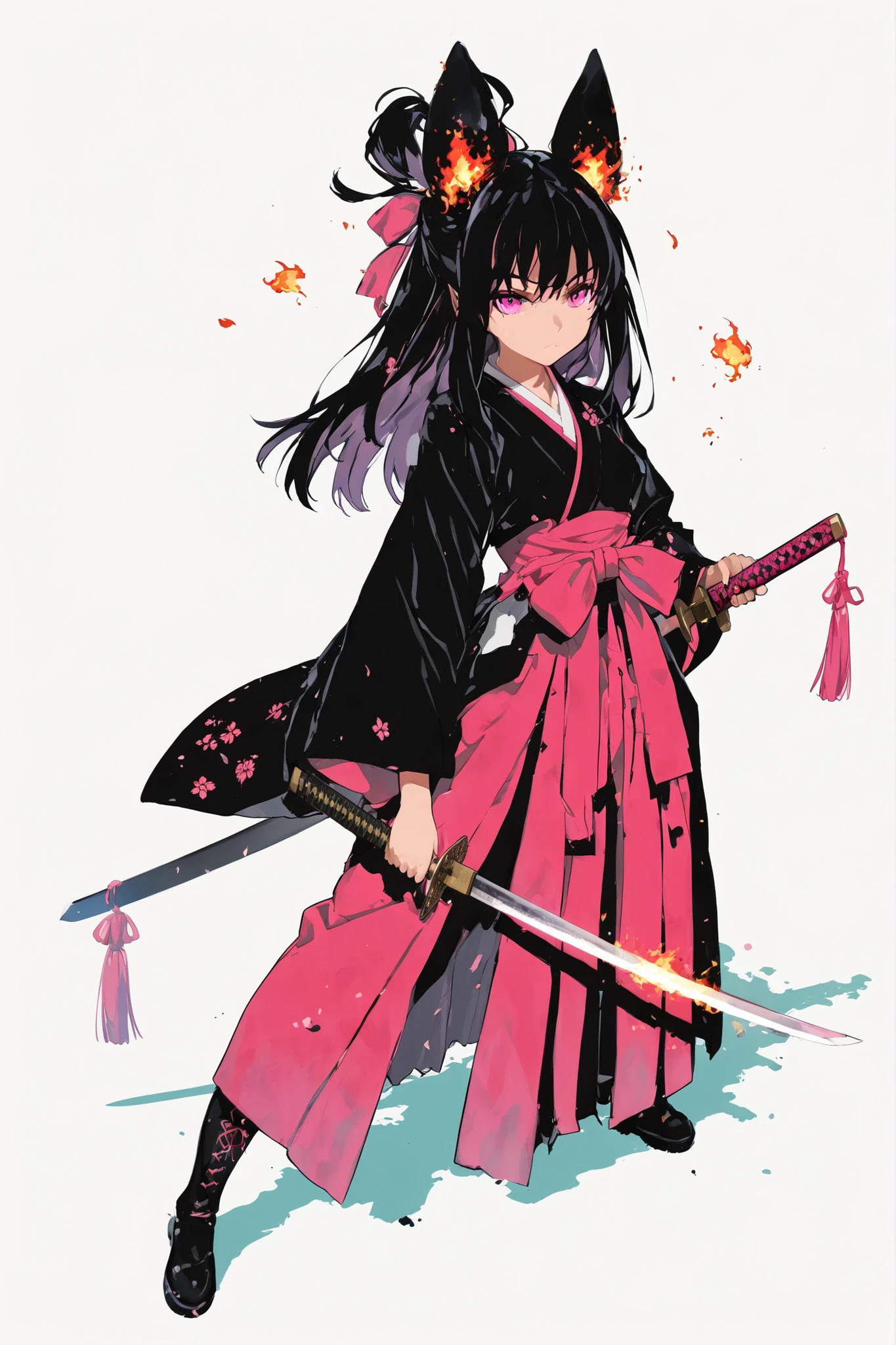 Wearing a black and pink high school girl uniform、Anime girl with a sword, Burning, standing in waste, clean and detailed anime art, inspired by Kano Hogai, she has a sword, Samurai Sword Pulling Out a Sword,  Flat anime style , Fate/Stay Night, beautiful anime art style, Anime Painter Studio