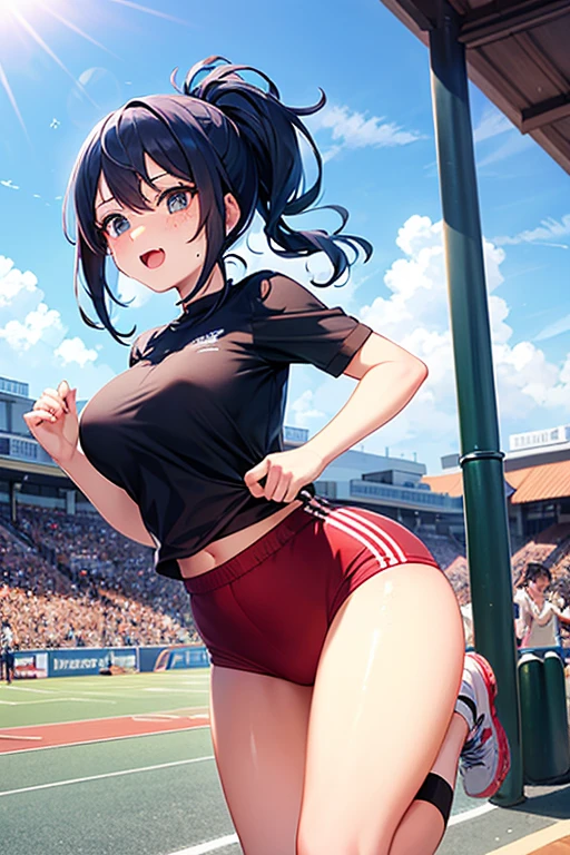 woman。(Athletics)。smile、Dark brown ponytail、(世界Athletics)。(Dark blue track uniform:1.2)、Sleeveless、Outdoor athletic fields。(独立Athleticsユニフォーム)。competition、Perfect hands、Show your belly、Facing the audience、training、Spread your legs
