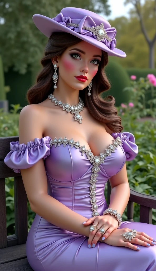 (((cowboy shot:1.5)))photo of  a 30 years old diam0nd_n0texist   ,(facing front leaning back Looking at viewer, small waist, medium hips, (big natural breast:1.5) ),(on stomach),(((A vintage-inspired setting with an antique chaise lounge and ornate wallpaper))), ,wide depth of field,( very long (brown with purple streak  hair):1.5) hair, (realistic:1.5), glossy lips, soft skin, elegant makeup,(evil grin), wearing  , ornate, (Neon Purple and Red),  necklace jewellrey  <lora:rc_20231230190604:0.69> rc , deep cleavage